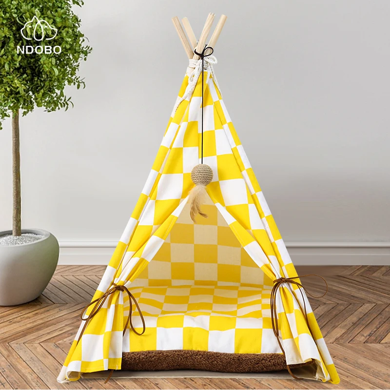 

Pet Teepee Tents with Sisal Toy Ball New Plaid Cat House Bed with Plush Thick Cushion for Small Dogs Cats Bed Machine Washable