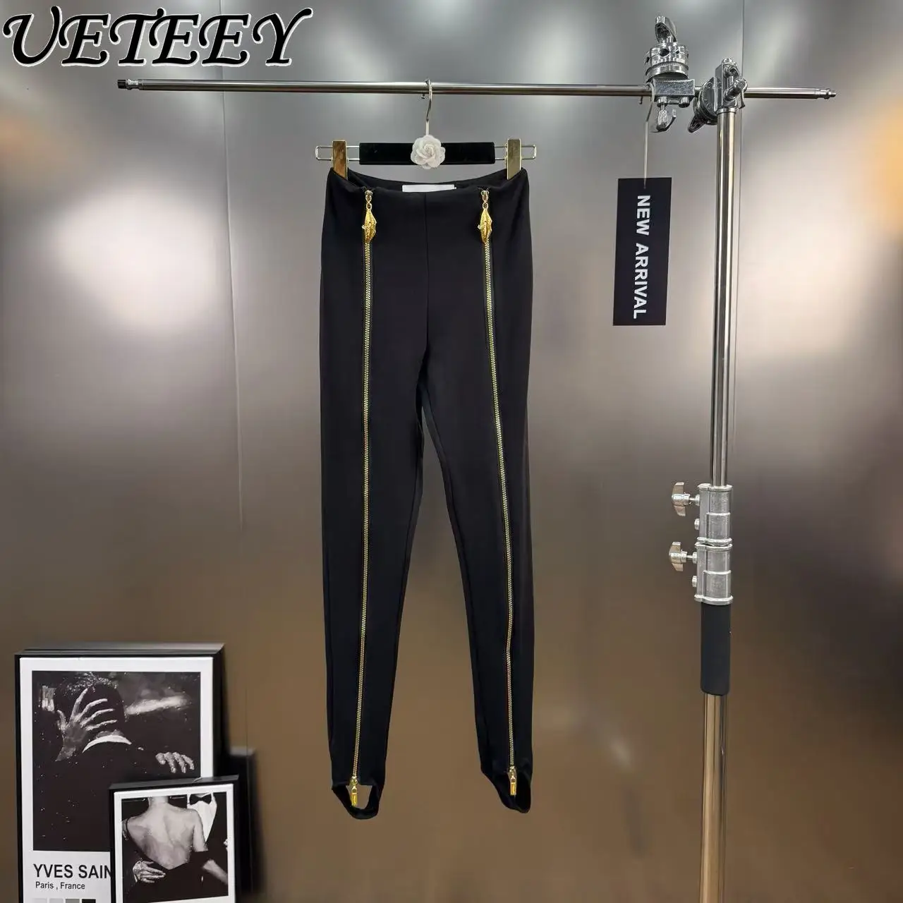 Automne hiver nouveau taille haute minceur longue fermeture éclair conception pantalon ajusté Unique Chic haut de gamme sensation noir polyvalent Leggings