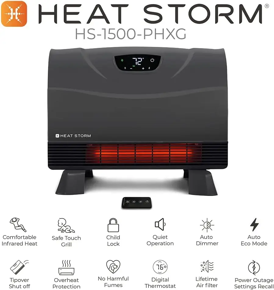 Storm Phoenix HS-1500-PHX, Infrared Space Heater with Attachable Feet, Remote Control, Energy Efficient-750-1500 Watts, Gray Flo