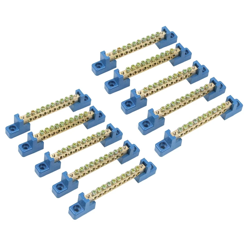 

Best Terminal Block Blue Terminal Bus Bar 10 Positions Screw Brass Terminal Grounding Strip Bus Bar Block Pack Of 10
