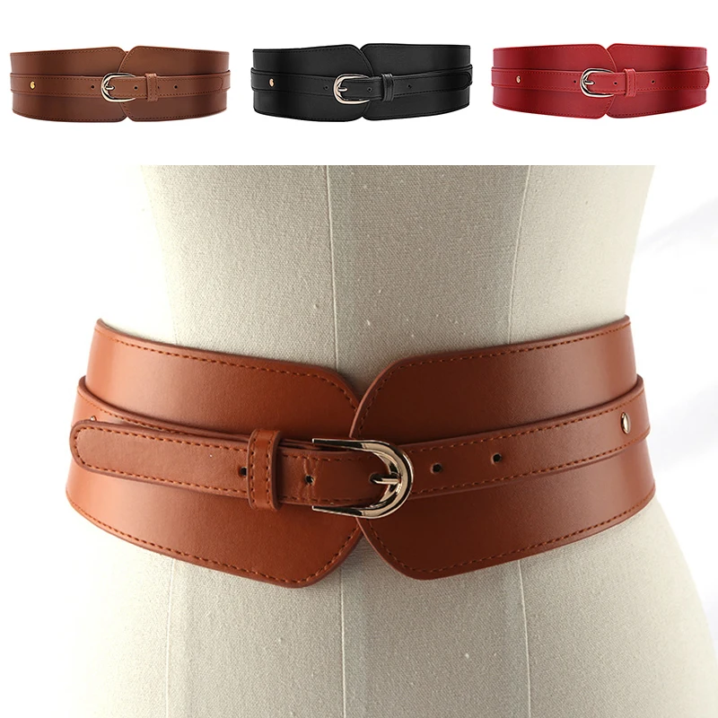 

Ladies Wide Waist Straps Fashion Vintage Pu Leather Waistband Elastic Waist Seal Belt Pin Buckle Women's Coat Belt Cummerbund