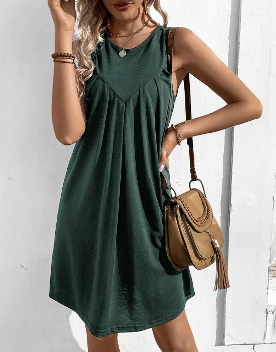 

Casual Dresses for Women 2024 Spring Sleeveless Pleated O-Neck Ruffled Solid Color Casual Knit A-Line Mini Dress Plus Size Beach