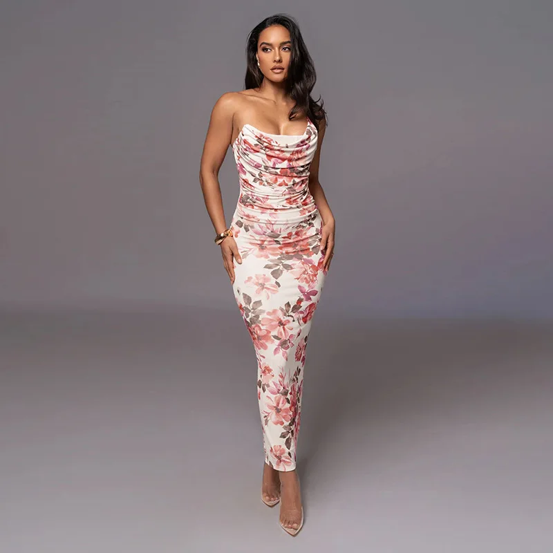 Vestido midi sexy con estampado de un solo hombro para mujer, vestido largo ajustado sin mangas con hombros descubiertos y espalda descubierta para fiesta y club.