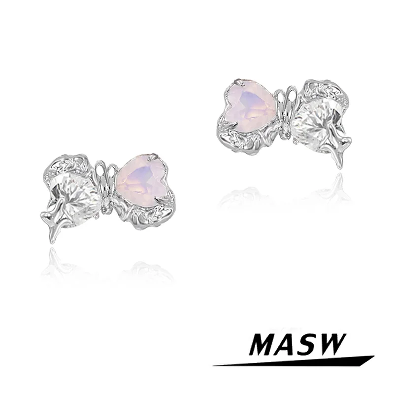 

MASW Original Design Sweet Style High Quality Copper Thick Silver Color Pink Glass Bowknot Stud Earrings For Women Jewelry Gift