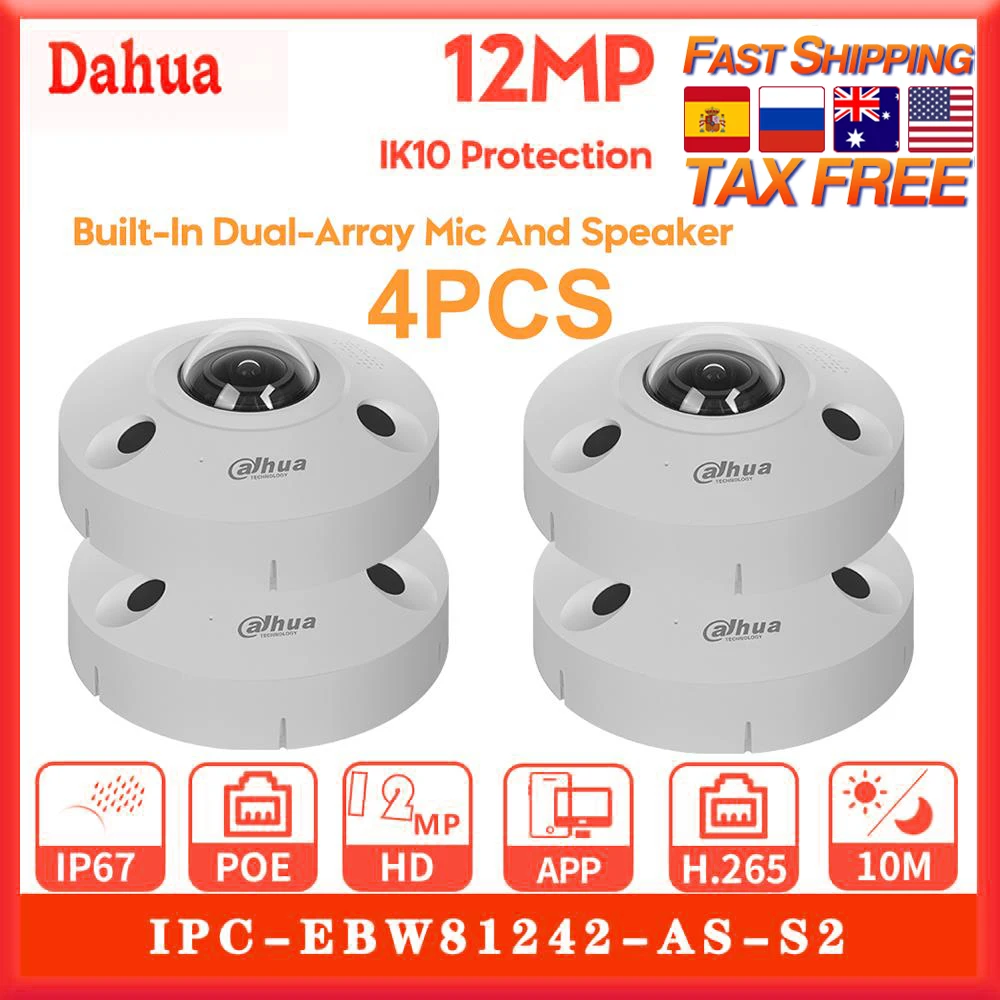 

Оригинальная IP-камера Dahua 12 МП, 4 шт., фотокамера видеонаблюдения, POE, инфракрасная панорамная сетевая камера «рыбий глаз», встроенный микрофон