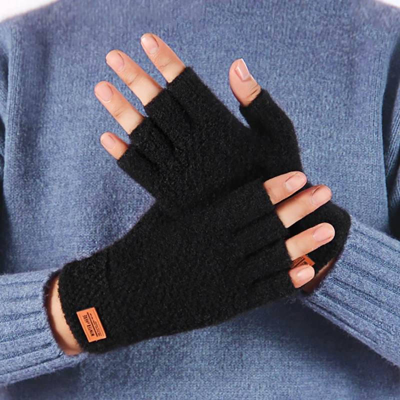 Winter Fingerless Gloves For Men Knitted Half Finger Glove Warm Wool Elastic Driving Gloves Outdoor Touchscreen Glove