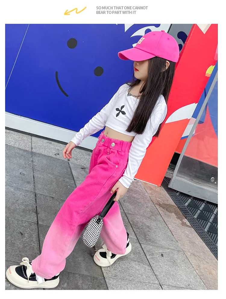 Neue modische Frühlings- und Herbstjeans für Mädchen, Teenager-Mädchen, Farbverlauf, lange Hose für Kinder, Denim, weit geschnittene Hose – Detail 6