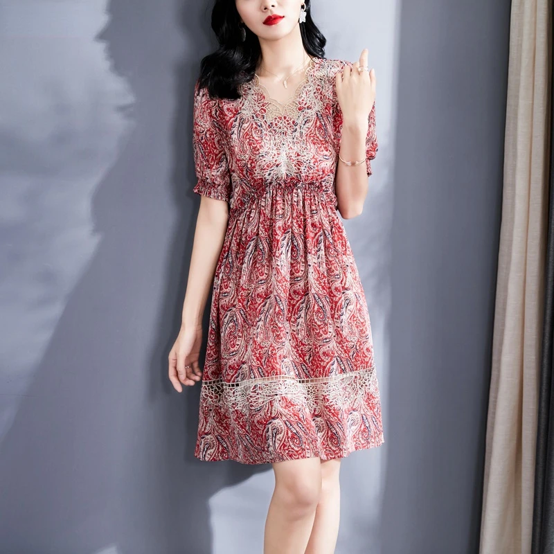 

100% Silk Summer Dresses Women 2022 Red Dress Women's New V-neck Retro Fashion Printing Slim Dresses Vestido Elegante Muje Lq28
