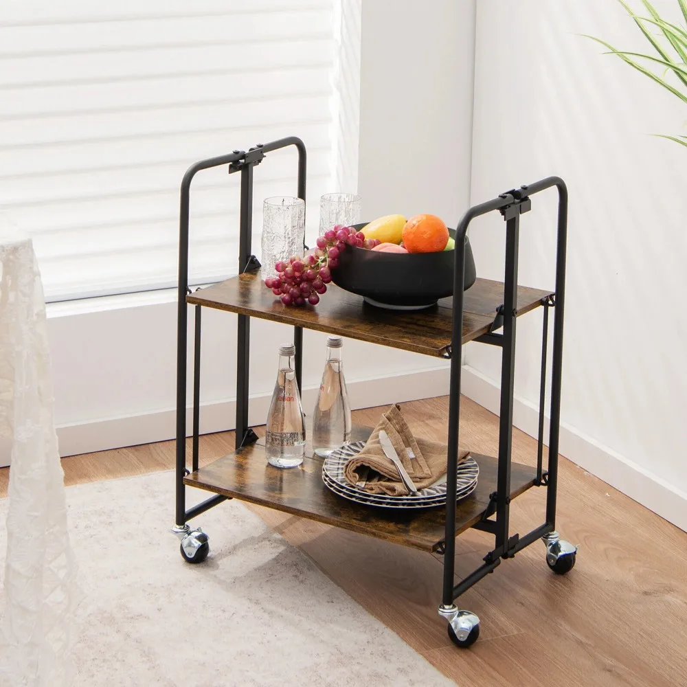 

Gymax 2-Tier Folding Utility Car Kitchen Service Island Bar Car Storage Shelves
