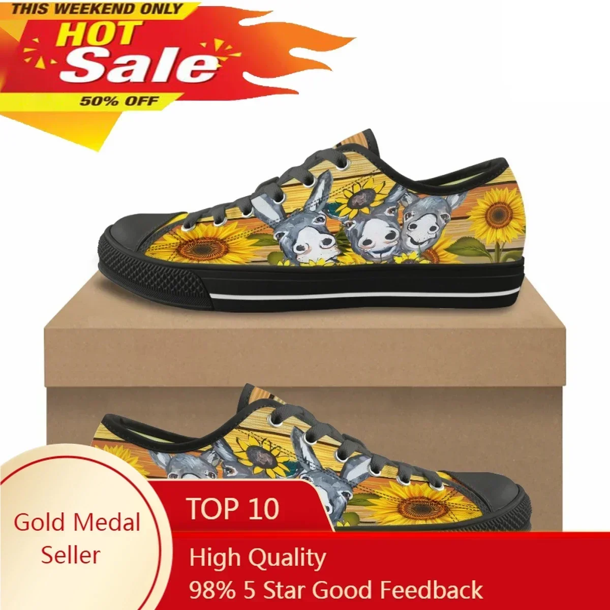 Fashion Hot Farm Donkey Sunflower Pattern Print Women's Casual Flat Shoes Classic Canvas Shoes Outdoor Sports Low Top Sneakers