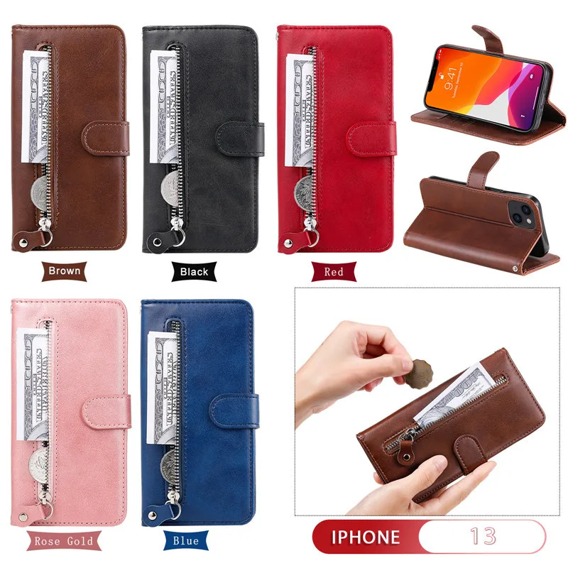 Retro Leather Wallet Cover with Zipper Pocket & Card Slots - Shockproof Flip Case