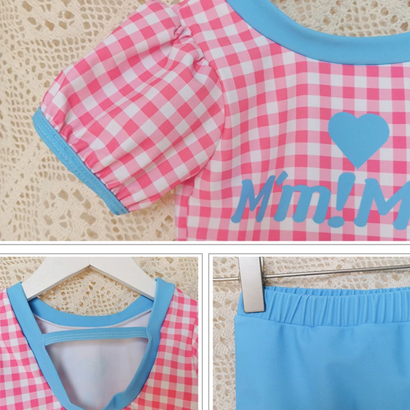 Children's Swimwear for Girls Plaids Checkered Bathing Suit for Girl Short Sleeve Toddler Baby Tankini Bikini Set Beach Clothes - 5