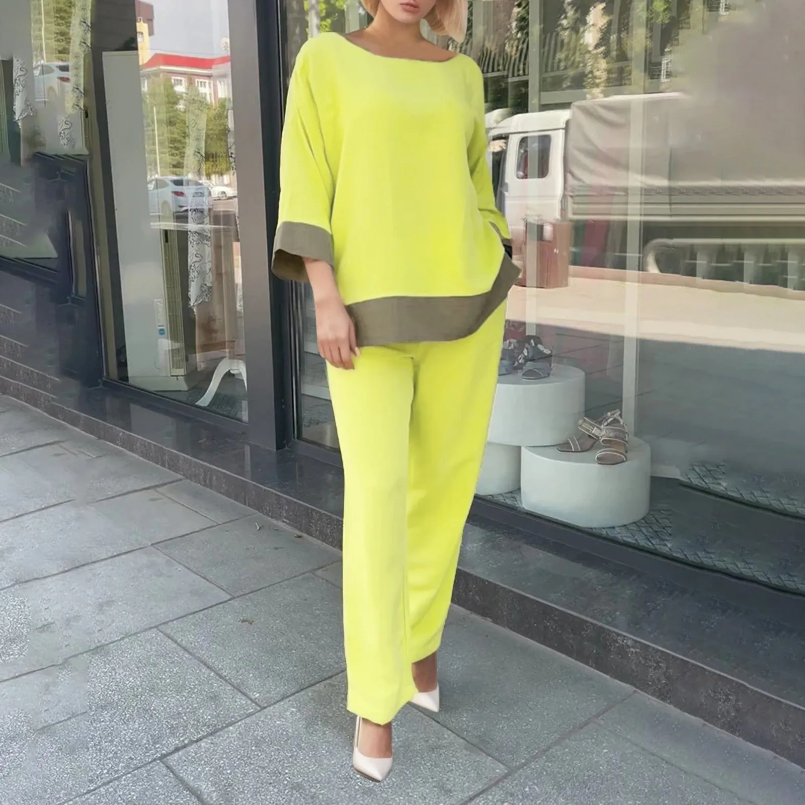 

Spring Summer New Women's Suit Fashion Casual O-neck Solid Patchwork Thin Long-Sleeved Trousers Casual Two-Piece Set Streetwear