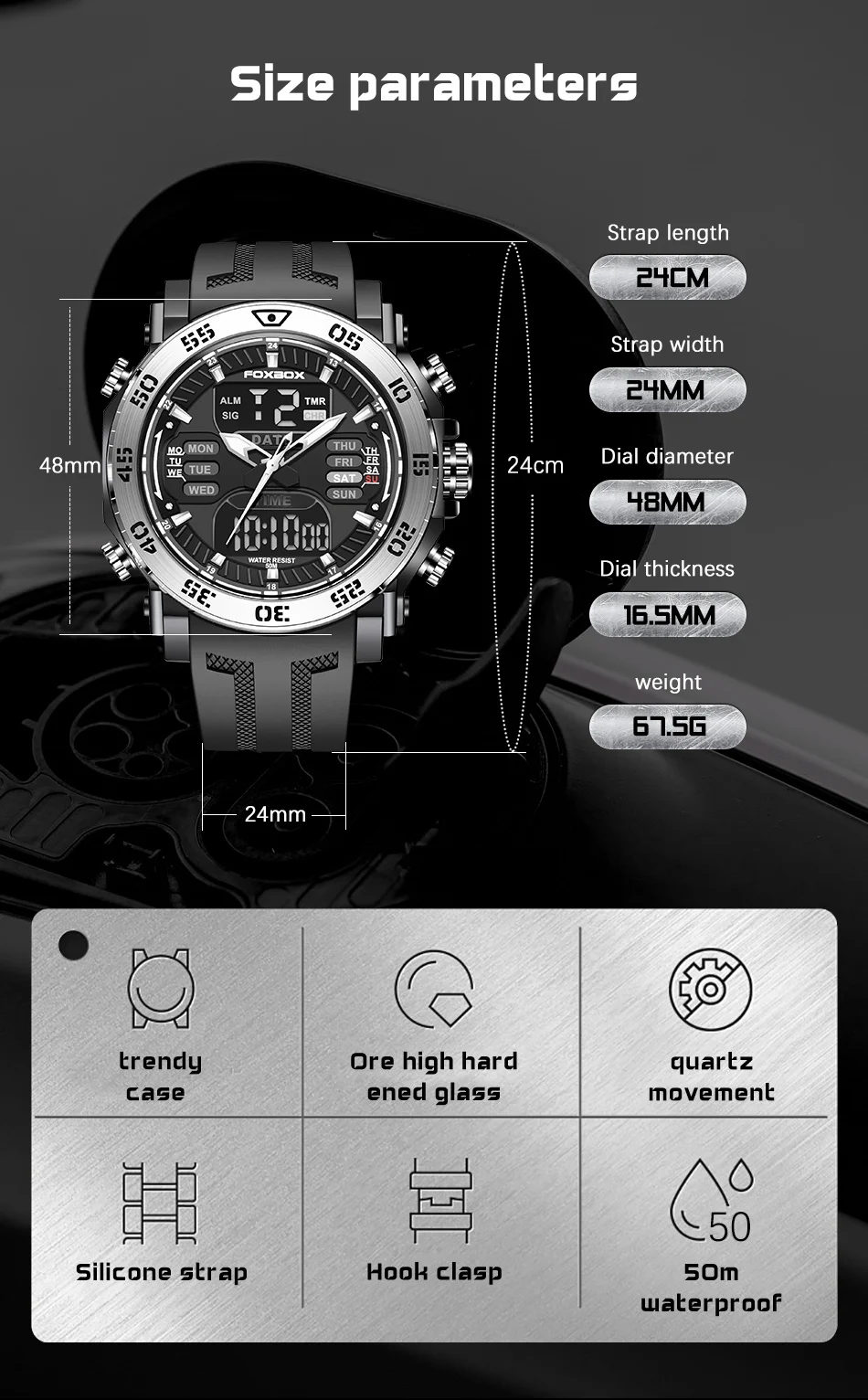 FOXBOX Military Watch Waterproof Wristwatch Alarm Watches Mens Sport Dual Display Watch Digital Watch for Men Relogio Masculino