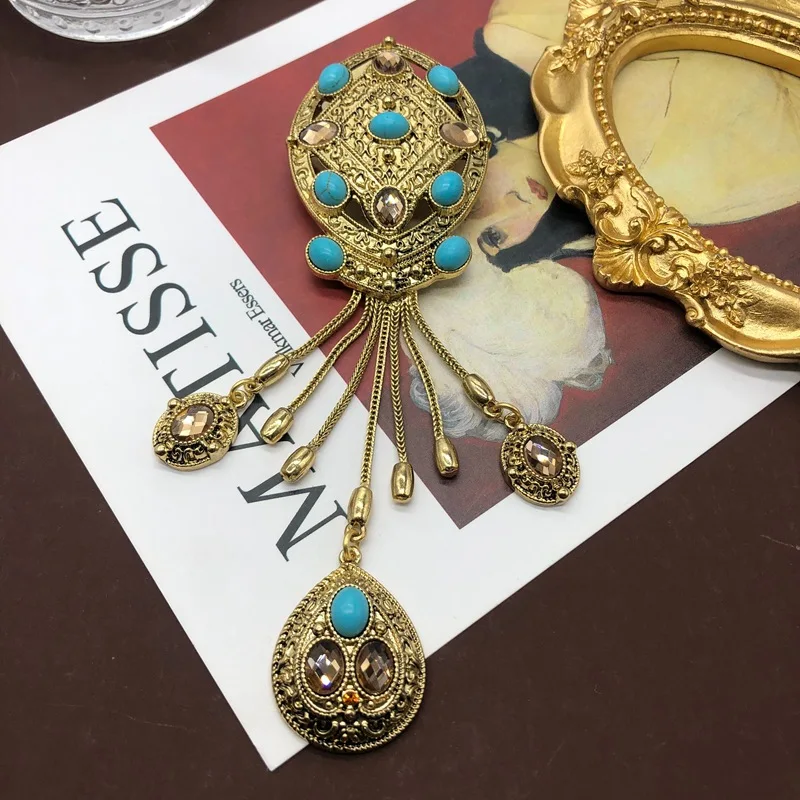 Vintage turquoise antique carved pattern tassel versatile brooch