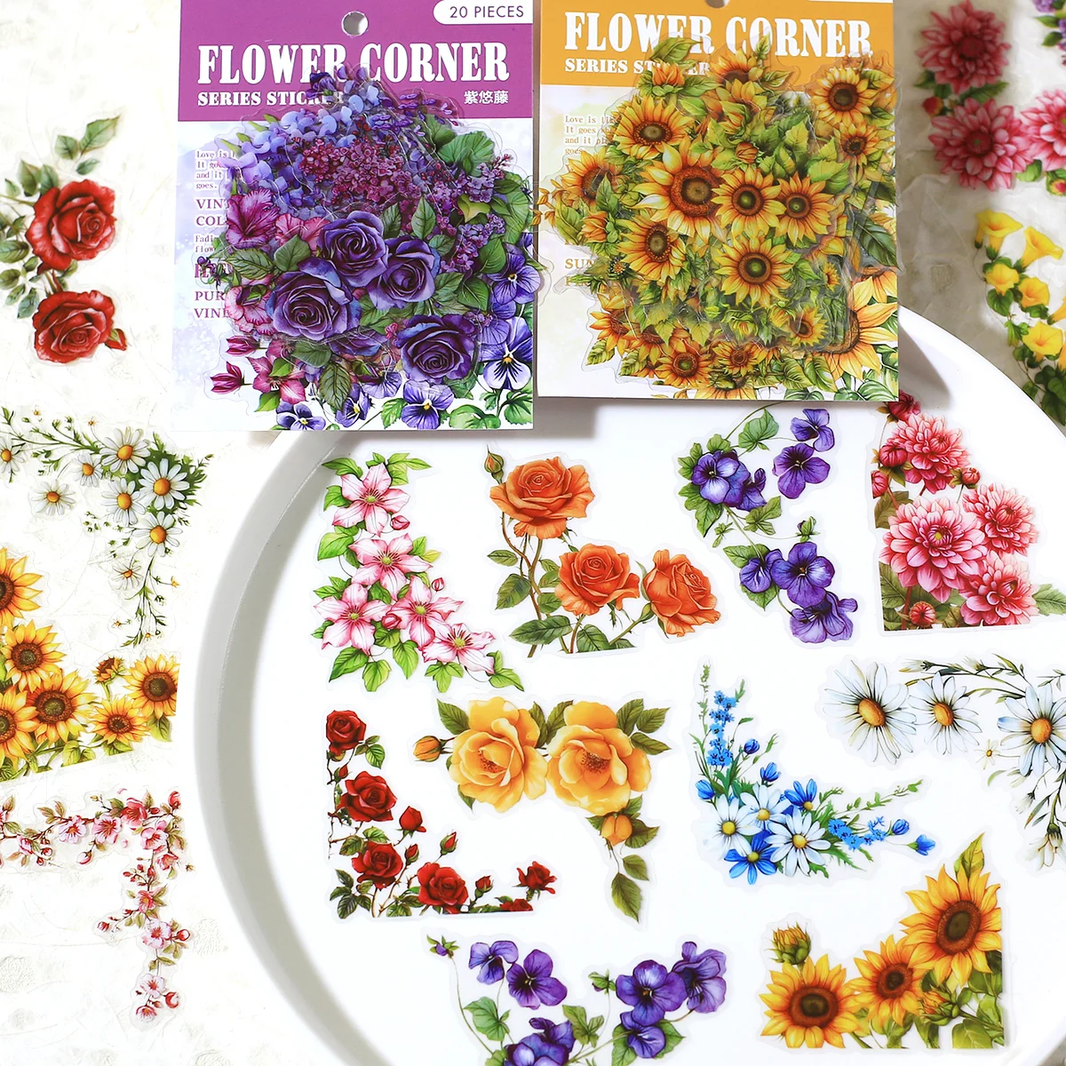 Journamm 120pcs/6pack PET 꽃 프레임 장식 스티커 스크랩북킹을 위한 투명 PET 꽃 코너 스티커