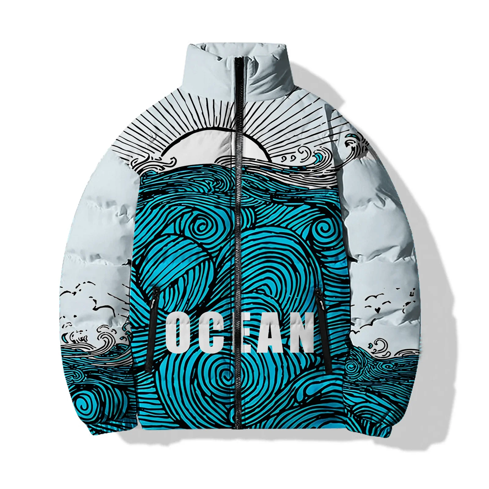 Abrigo de invierno para hombre, chaqueta de algodón con estampado de puesta de sol en la playa y cocoteros, chaqueta de estilo holgado a la moda, ropa para hombre, chaquetas, abrigos