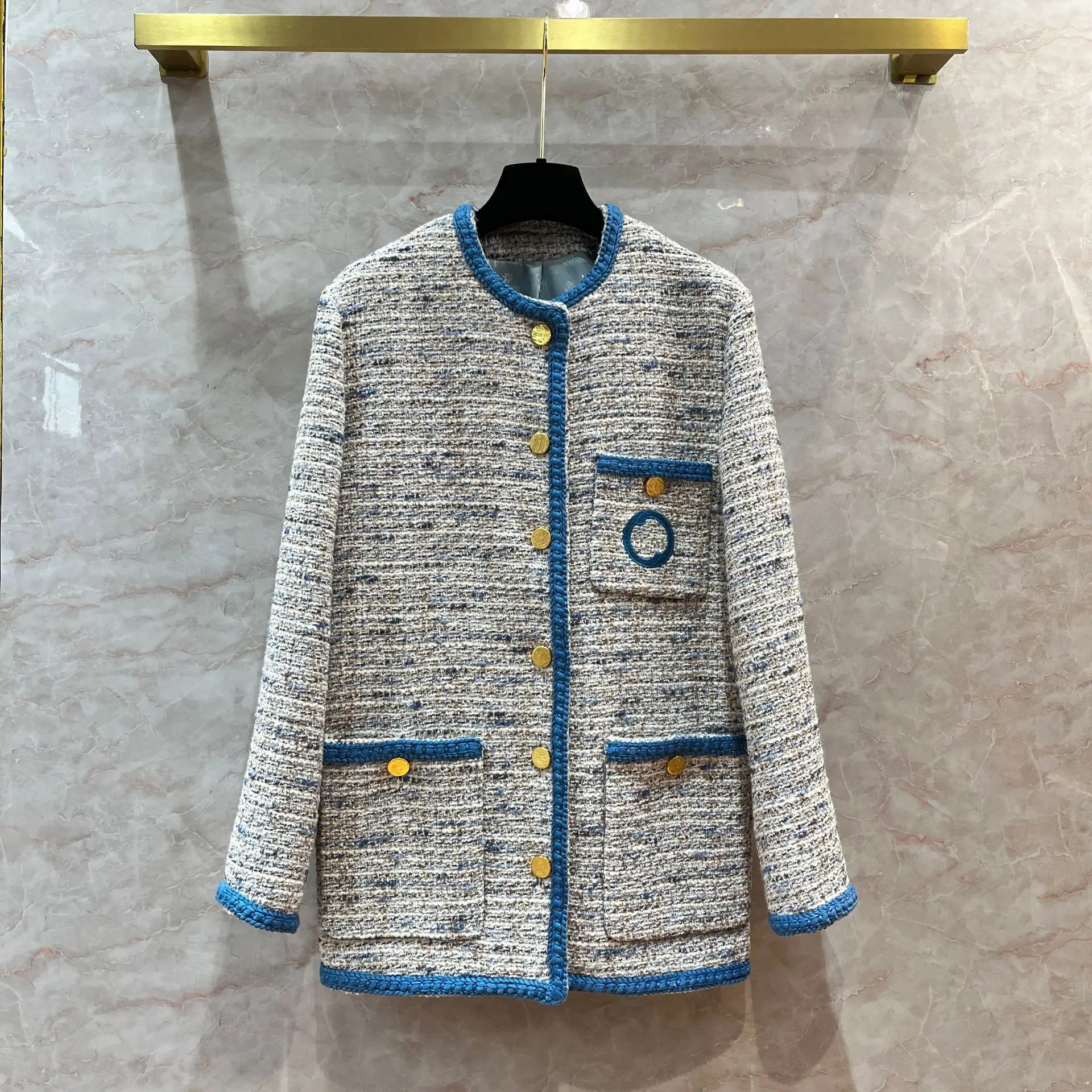 

2023 High-end Fashion Design Hand Woven Blue Tweed Temperament Coat for Women