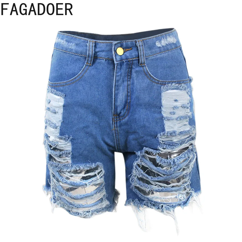 FAGADOER Blue Vintage Fashion Hole Hollow Denim Shorts Women High Waisted Button Skinny Jean Sexy Female Solid Cowboy Bottoms
