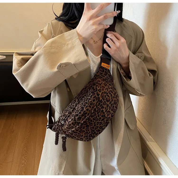 Women's Leopard Print Chest Bag, Autumn/Winter Fashion Crossbody Bag, Trendy Sporty Multifunctional Waist Bag Waist Packs bolsa