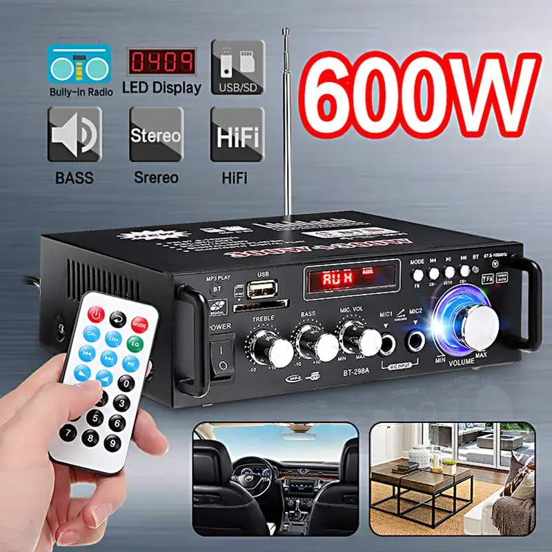 600W Speaker Amplifier HiFi Mini Amp 2CH FM Radio LCD Home Car