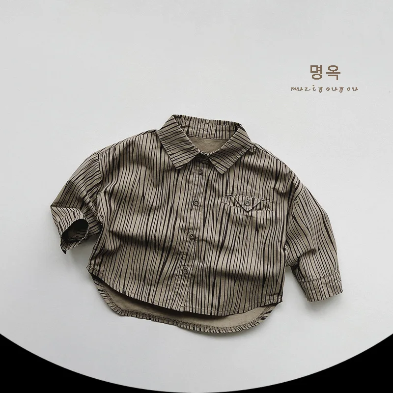 Spring New Children Long Sleeve Lapel Shirts Cotton Baby Boys Fashion Vertical Striped Tops Kids Girls Casual Versatile Jacket