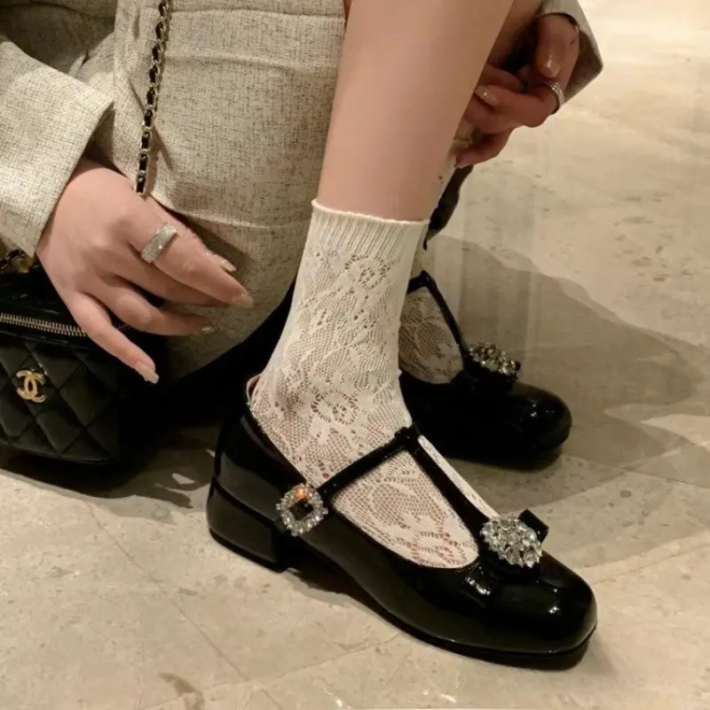 Round Toe Women Pumps Patent Leather Flat Low Heels Black silver White New Arrivals Belt Buckle Rhinestone Bow Design Plus Size