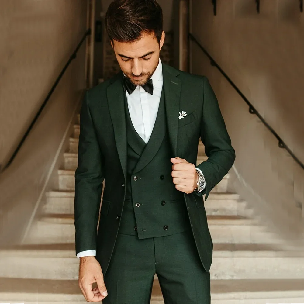 Male Suit Army Green Groom Tuxedos Party Suit Slim Fit Business Casual Jacket Sets 3 Piece （Blazer + Vest + Pants）Costume Homme