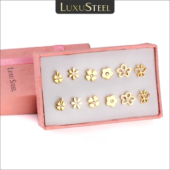 LUXUSTEEL 스테인리스 스틸 CZ 피어싱 스터드 귀걸이 세트, 여자 아이, 생일 주얼리, 선물용, 상자마다 6 쌍