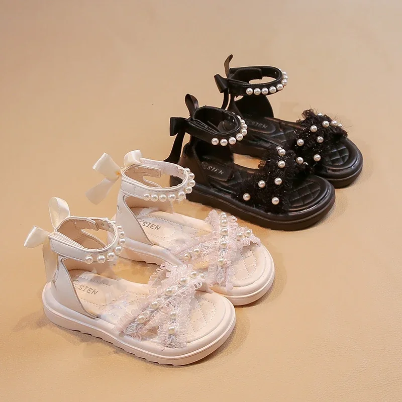 

Детские сандалии для девочек, Новинка лета 2024, модные удобные элегантные Нескользящие туфли принцессы с кружевом, бисером и бантом