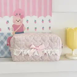 Charming Pink and Blue Checkered Quilted Pencil Case - Large Capacity Stationery Organizer (Pink)