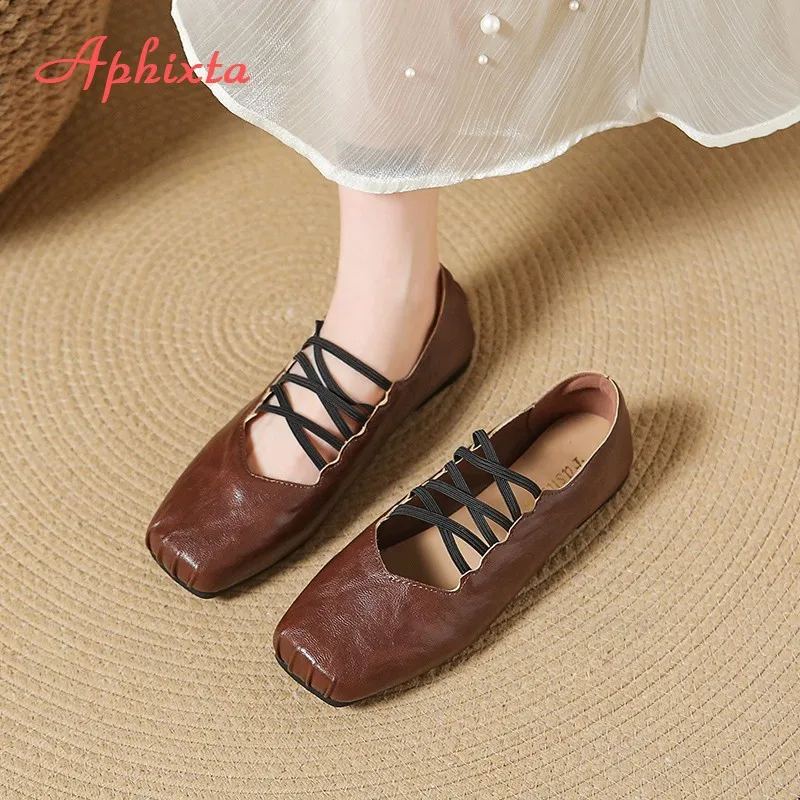 Aphixta Square Toe Black Flats Shoes Slip On Elastic Bands Cross Straps Womens Shoes Elegant Flat with Ladies Shoes