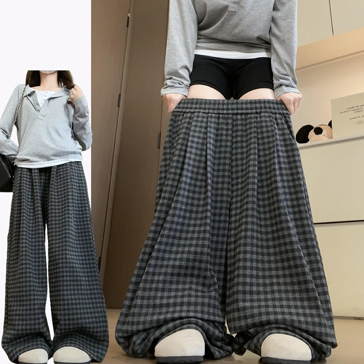 Autumn Winter Plaid Woolen Pants Women's Lazy Straight Leg Drapey Floor-Length Trousers Faionable Slimming High Waist