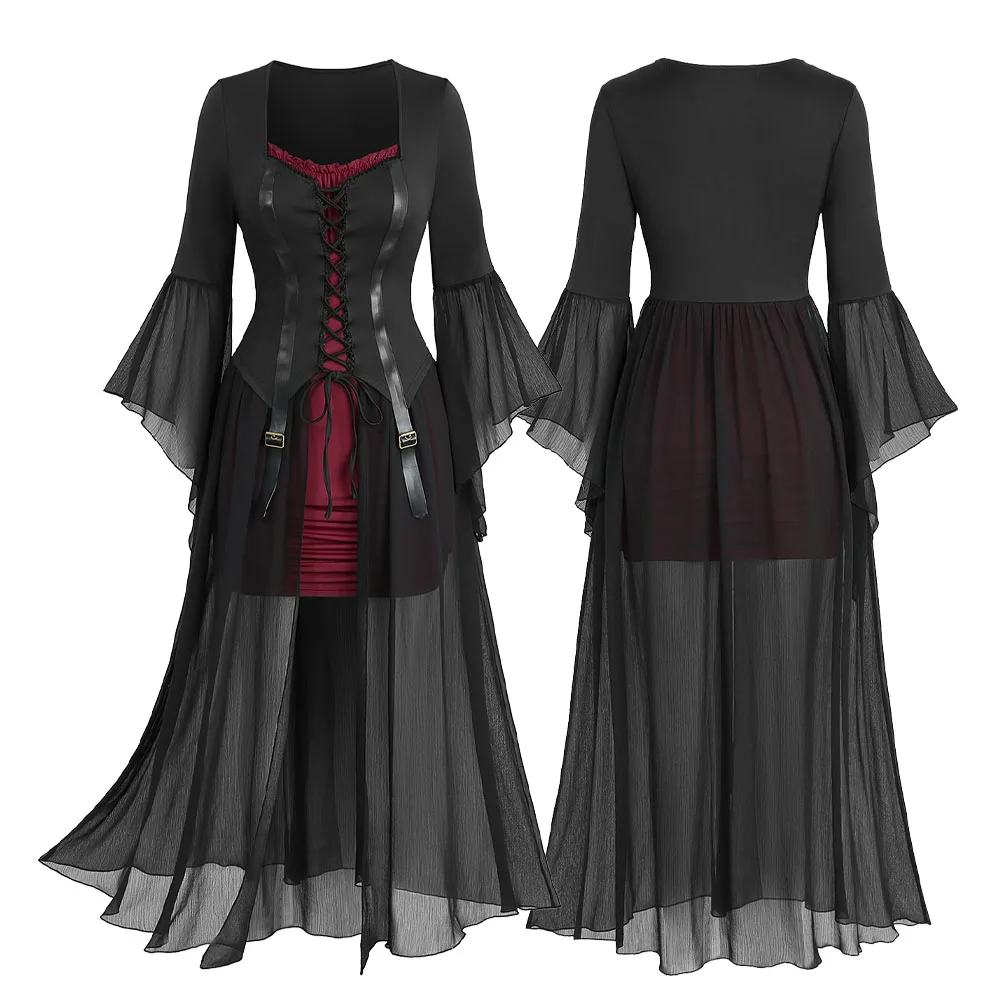 ROSEGAL Plus Size Women's Stylish Casual Maxi Dresses Black Lace up Ruched Ruffles PU Leather Stripes Patchwork Dress 1