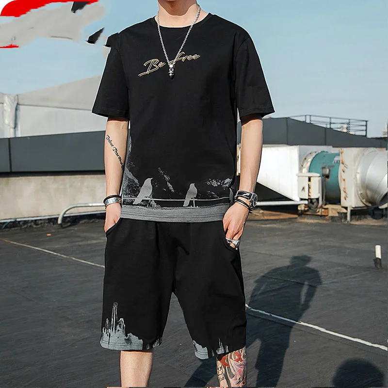 Summer Round Neck Short Sleeve Fashion Printing T-Shirts + Elastic Waist Solid Color Pockets Pants Male Thin Style Shorts Sets