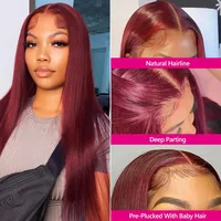 Perruque Lace Front Wig naturelle lisse bordeaux 99J, cheveux humains, 13x6 HD, pre-plucked, pour femmes 4