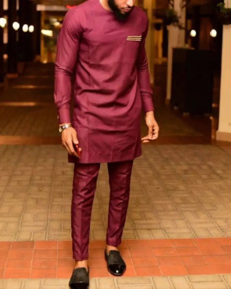

Dashiki T-shirt Muslim Collection African Style Men's Wine Red Suit Two Piece Simple Business Decoration M-4XL Raw Fabric