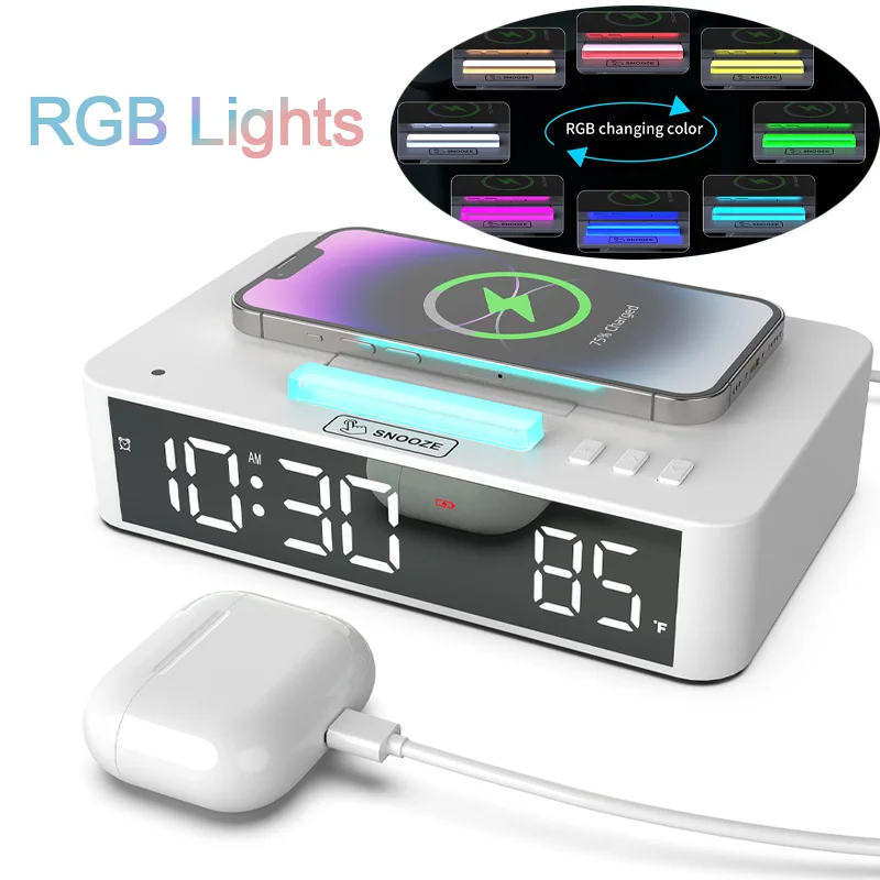 

Цифровой будильник с зеркальным экраном, настольные часы с регулируемой яркостью и подсветкой RGB, часы с беспроводной зарядкой и временем/температурой