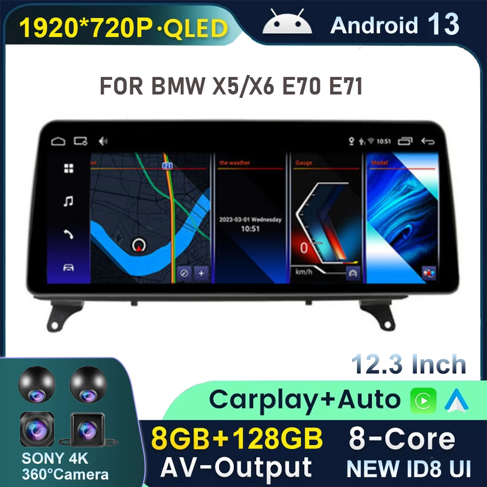 

12.3" ID8 Android 13 Car Radio Stereo For BMW X5 X6 E70 E71 CCC CIC NBT RHD MultimediaWireless Carplay Autoradio Navigation 4G