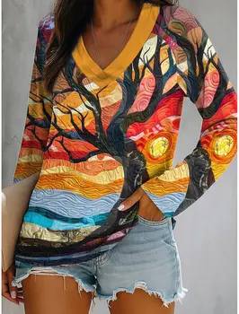 T-shirt da donna Ombre Graphic Plants T-shirt moda elegante T-shirt a maniche lunghe con scollo a V Top regolari Pullover Autunno Inverno 1