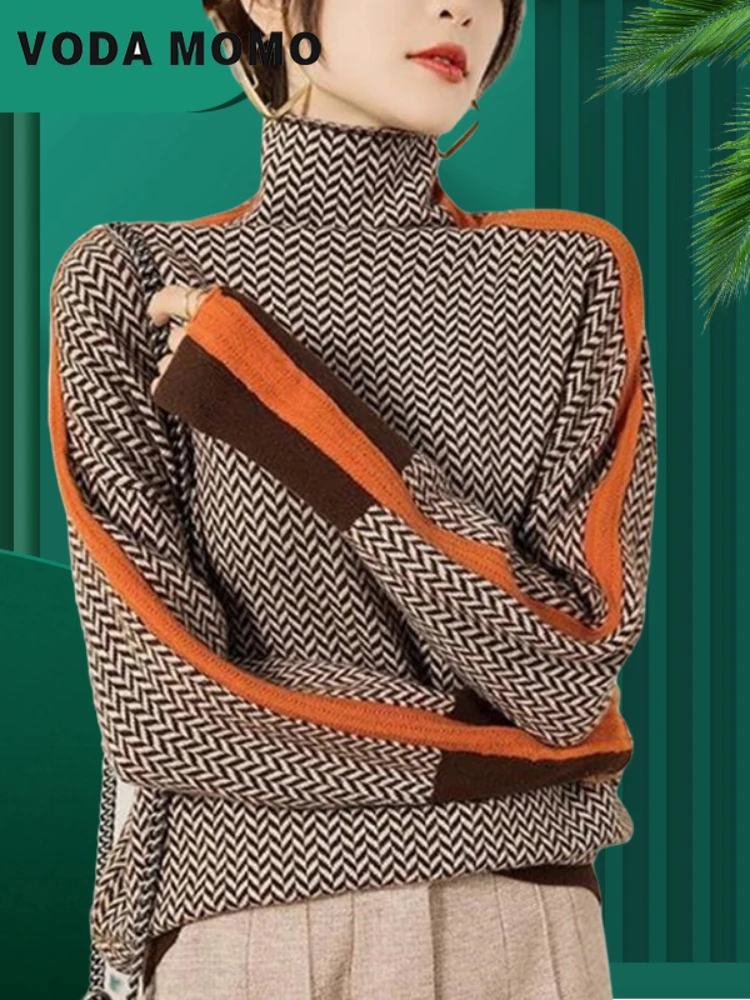 Donna Plaid Lavorato A Maglia Dolcevita Nuove Donne Maglione Elegante Top Donna Pullover Economici Maglioni Donna Vintage Ragazza Maglieria Femminile