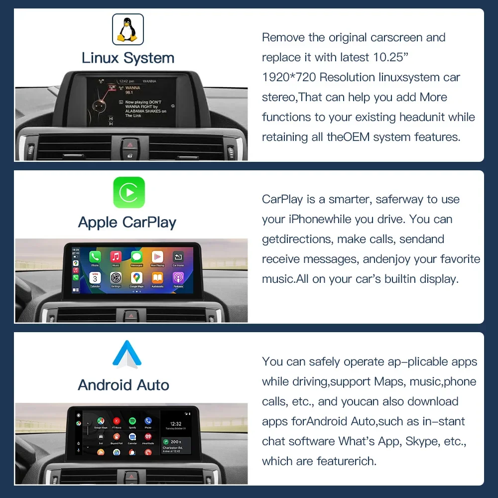10.25'' Wireless Apple Carplay Multimedia Display Screen Android Auto For BMW 1/2/3/4 Series F20/F21/F22/F30/F31/F32/F33/F34/F36