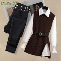 2026 Spring New Korean Elegant in Matching Set Women's Fashion Knitted Vest+Shirt+Jeans Three Piece Female Chic Denim Pants Suit - Image 3