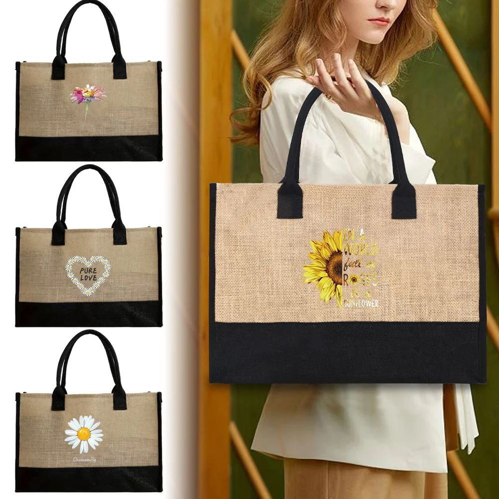 

Shopping Handbags Yellow Jute Fabric Shopper Bags for Women Eco Reusable Clutter Storage Bag 2024 Original Daisy Printing