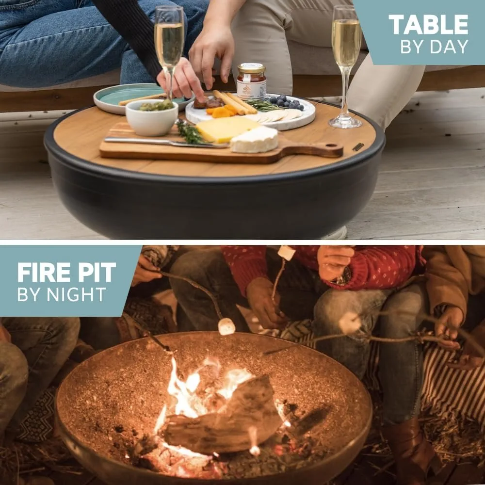 Cast Iron Fire Pit Table with Lid, Extra Thick and Heavy Duty Fire Bowl, Deep Round Firepit for Outdoor Bonfire Gatherings, Wood