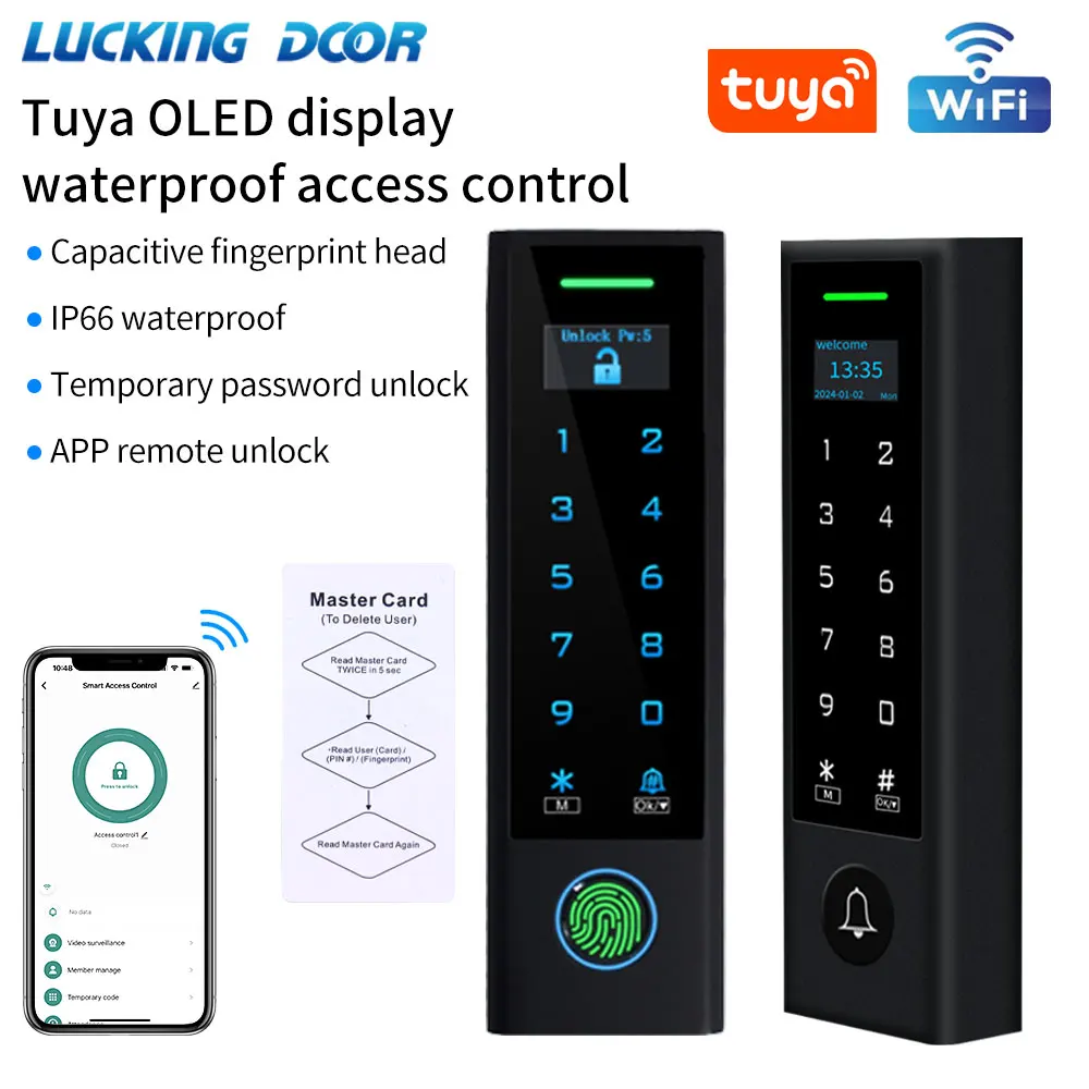 

WIFI TUYA Biometric Fingerprint Access Controller Keypad OLED Screen Waterproof RFID Card Standalone Door Access Control System