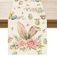 Easter Bunny Colorful Eggs Floral Linen Table Runner Holiday Party Decor Spring Flowers Leaves Table Runners Dresser Scarf Decor 1