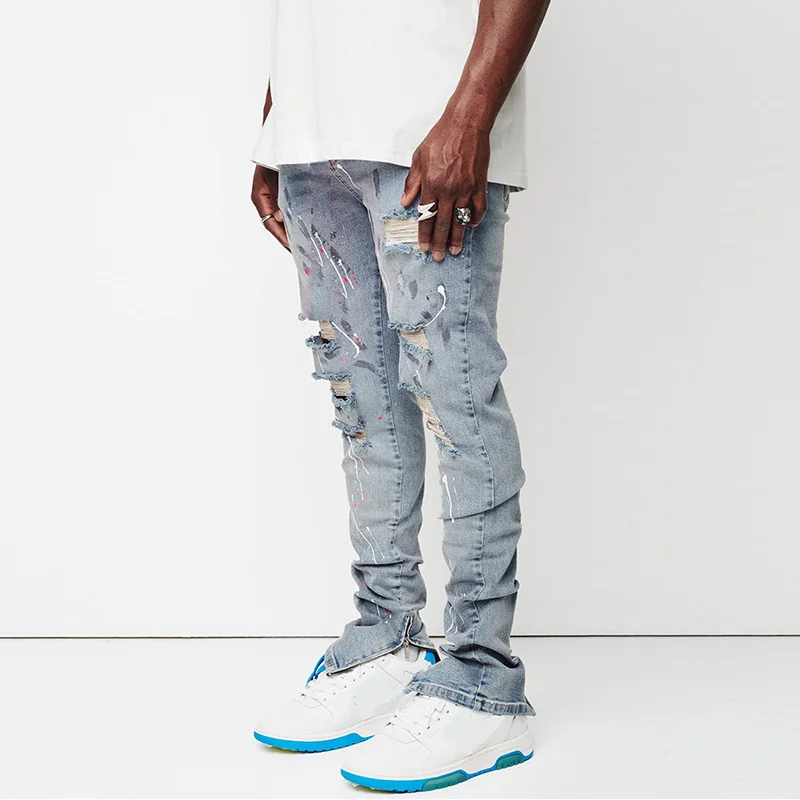 New Jeans Men's Slim Ripped Pants New Men's Painted Jeans Streetwear Men Fashion Full Length Denim Pants Slim Trousers 2023 winter new fleece lined thickened denim jacket women fashion right angle shoulder hand painted fur cotton padded coat