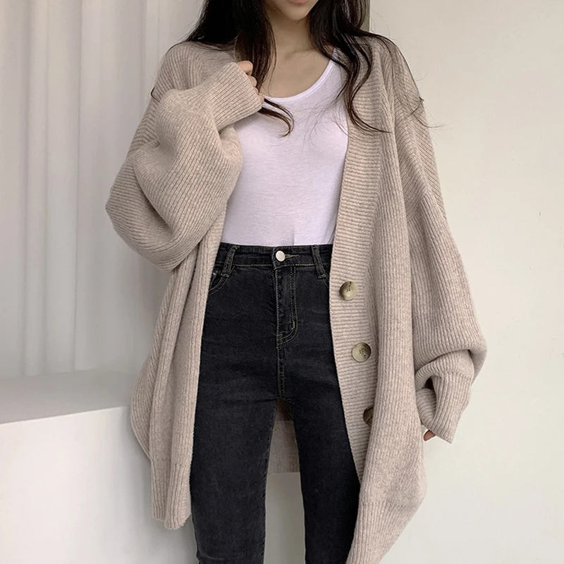 Autumn and Winter Casual V-neck Single-breasted Loose Lantern Sleeve Knitted Cardigan Sweater Women's Solid Color Sweater Jacket