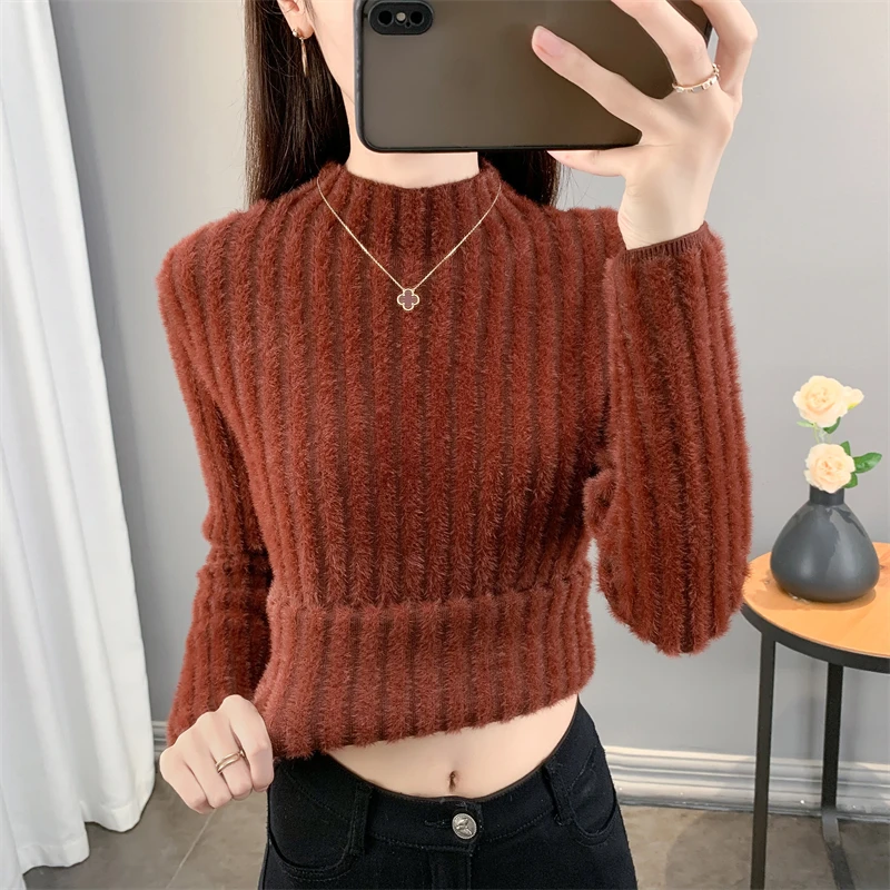 

Новинка 2024, женские осенне-зимние вязаные топы из меха норки и бархата, Женский плотный теплый свитер, топы, дамские Облегающие джемперы с высоким воротником R88